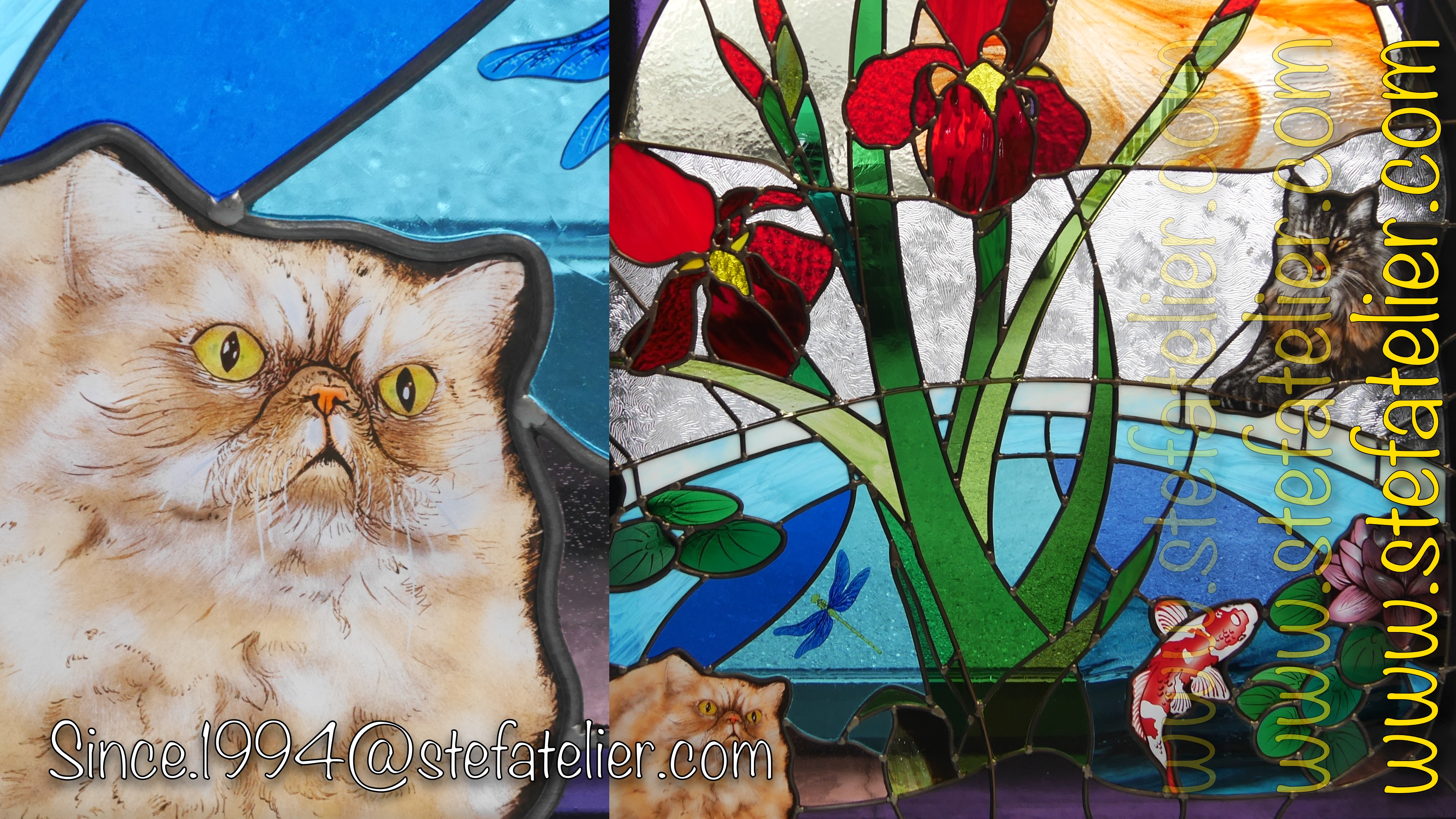 Vitrail Chat Et Carpe Koi Stef Atelier Vitraux D Art