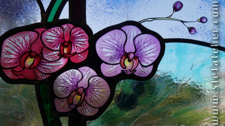 gros plan sur vitrail aux ophris orchidées