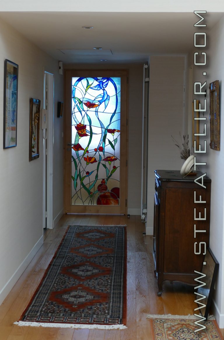 vitrail pour porte oiseaux bleus et fleurs