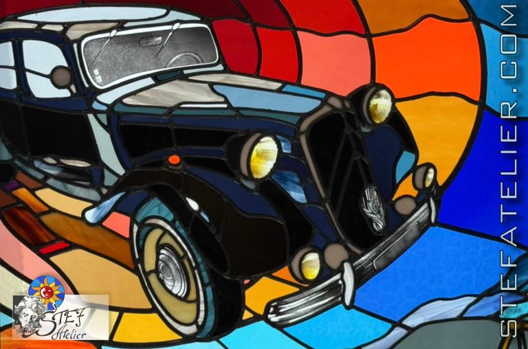 vitrail motif de voiture une traction noire